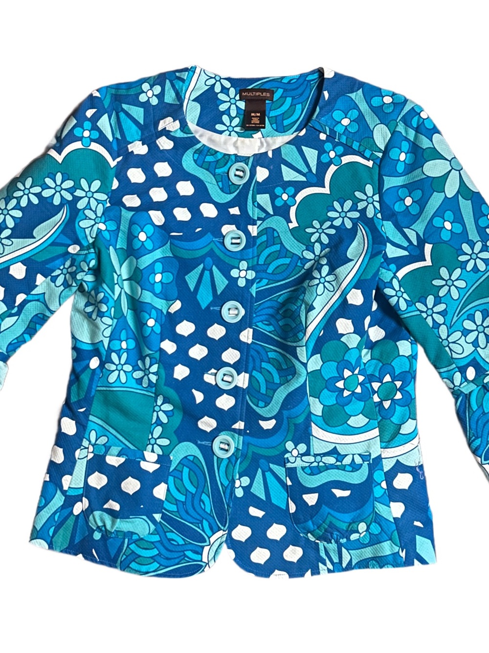Multiples ~ Medium ~ Vintage ~ Turquoise  &  White Floral Hippie Cardigan Jacket